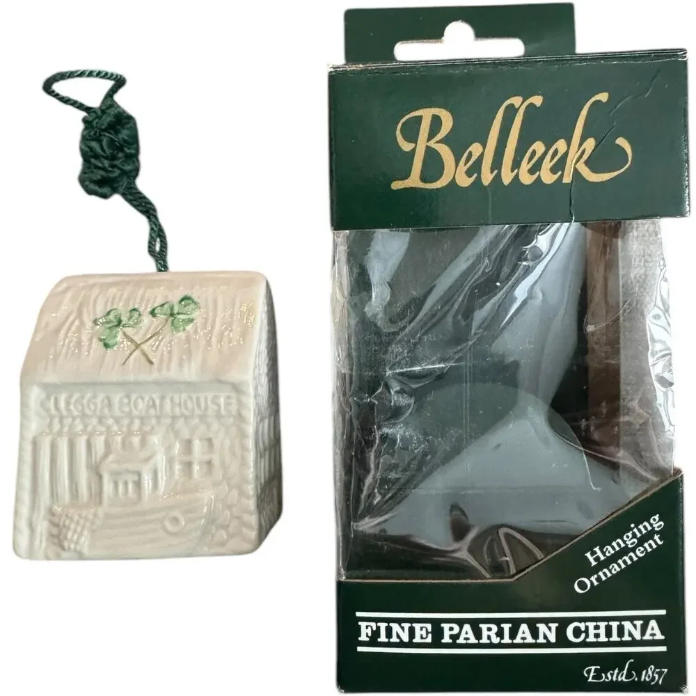 NWB Vintage Irish Belleek Porcelain Christmas ornament Clegga Boathouse in Box